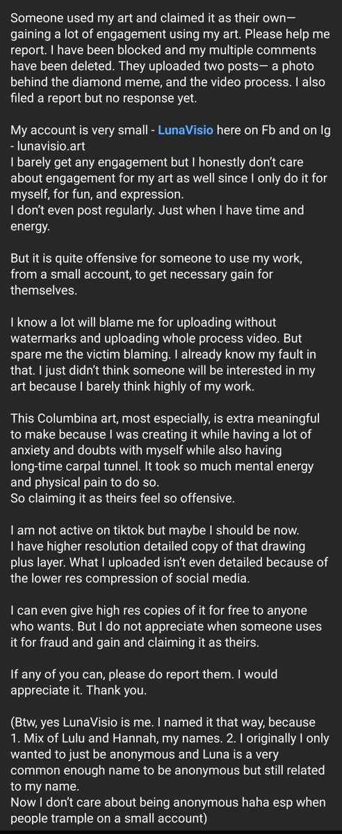 arisumimasen's tweet photo. ‼️STOLEN CONTENT ALERT‼️

Need your help in reporting this creator in TikTok.

https://t.co/a9ubQLLmwG

This creator in tiktok has posted stolen content and claimed it as their own.

The artist, Ms Hannah aka Luna, is a Rafayel stan, therefore I am calling upon the power of the LADS community to help report this content thief.

LINK TO ORIGINAL POST: https://t.co/Rldt2IBxTm

Ms Hannah has already been blocked by the said creator (and they even have the audacity to say DO NOT REPOST???)

Please, if you can take the time to help report this in Tiktok, would greatly appreciate it. Content thieves should not be tolerated.