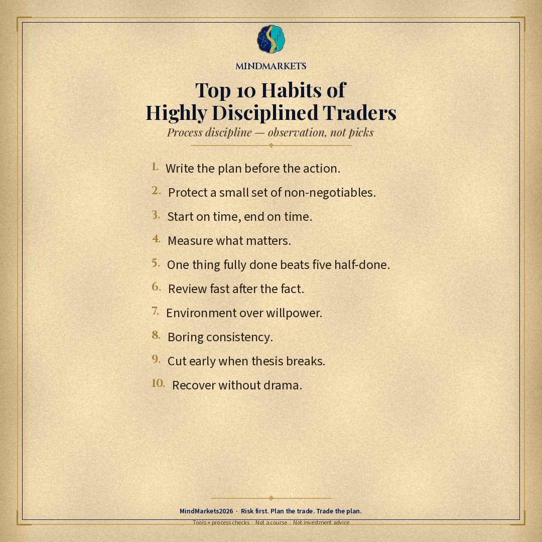 MindMarkets2026's tweet photo. Top 10 habits of highly disciplined traders.

Process discipline — observation, not picks.

Risk first. Plan the trade. Trade the plan.

MindMarkets2026 · Tools + process checks (not picks, not a course) https://t.co/3035oWDRkE
