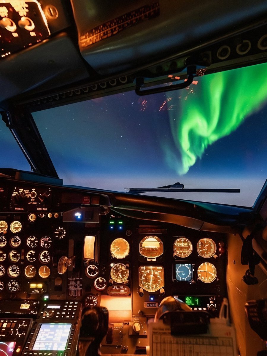 xAviation's tweet photo. No sight quite as ethereal as the Northern Lights viewed from the flight deck. https://t.co/bDBZfsYlEb
