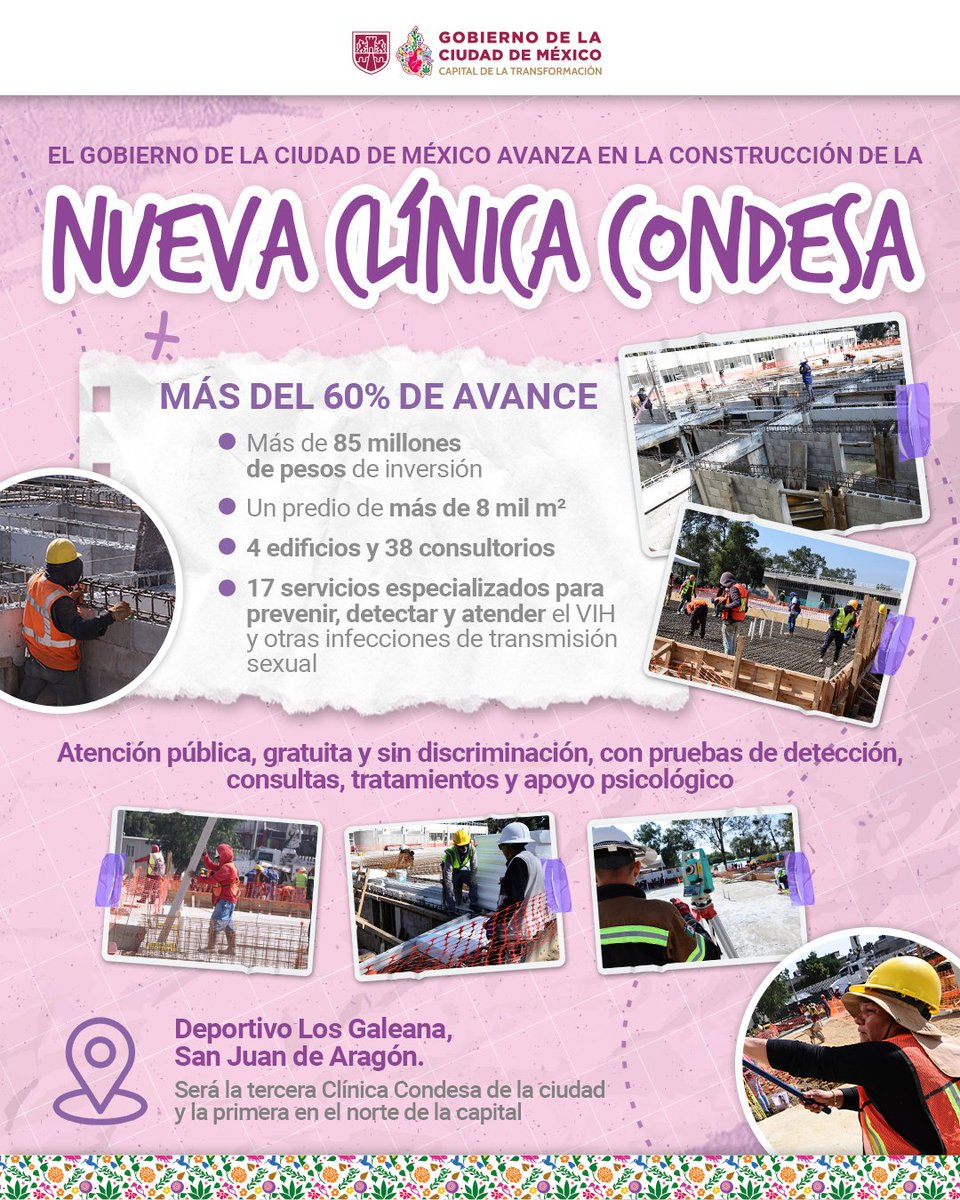 GobCDMX's tweet photo. 🏥 En Gustavo A. Madero se construye una nueva Clínica Especializada Condesa. Un espacio con 17 servicios para prevenir, detectar y atender el VIH y otras infecciones de transmisión sexual de manera gratuita. 👩🏻‍🔬👨🏻‍⚕️

Más atención con pruebas, tratamientos y orientación para cuidar nuestra salud. 🩺💉