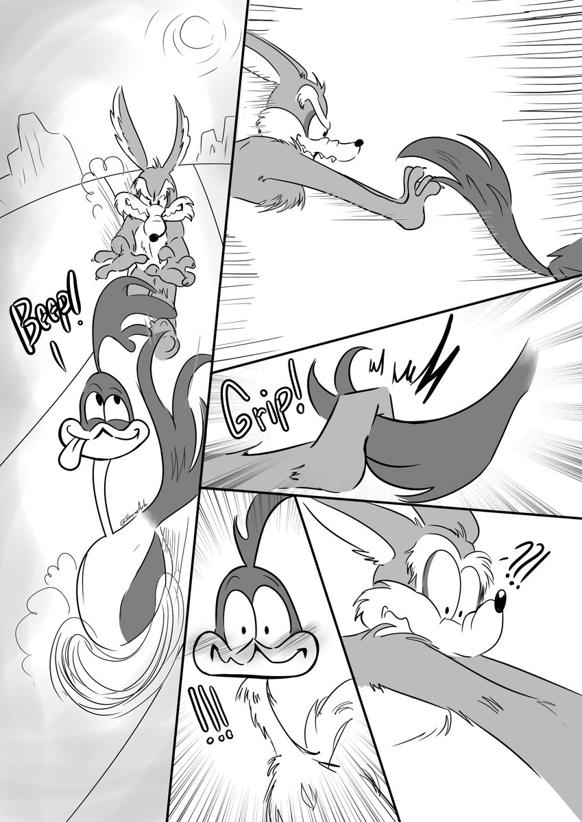 Shiremaartu's tweet photo. It's s strange for me drawing smth without any dialogue--
But YES! I finally made a first page from a silly idea that just popped after consuming so much info about coyotes and Roadrunners (thanks algorithm feed)

Will I make a long comic? Who can tell~🏜️

#wileroad #wilerunner https://t.co/UBpcTIwOnI