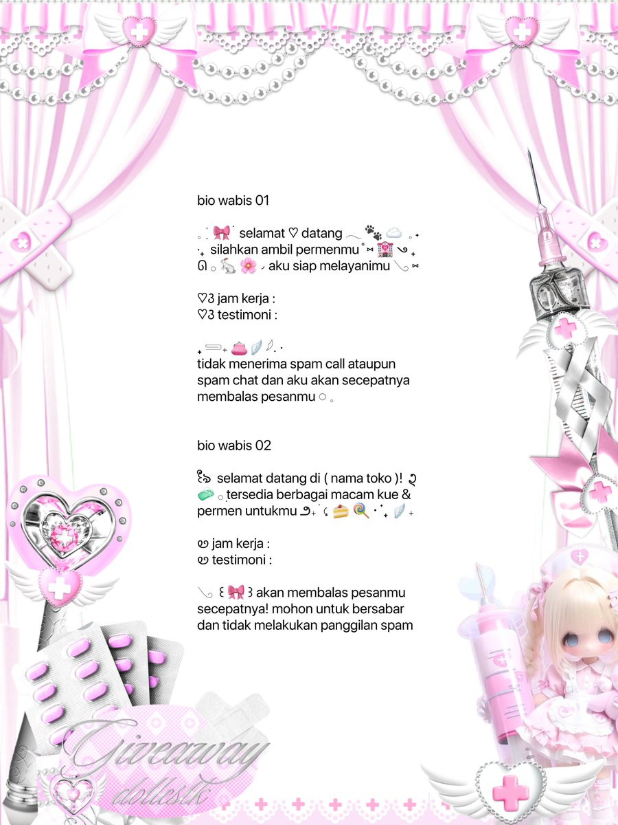 dollestk's tweet photo. . ݁˖ 𓈈  🎀 🩹  ➴  help  repost  ⑅  °. 💉₎⟆

ada 5 wording bio x &amp; 2 bio wabis free dalam rangka perayaan ulang tahun ke - 29 kak risaa @velvfts  ៸៸ 🌸◞⃕   ɞ 

🏩 𝆬₊ draw by reply
🏩 𝆬₊ now - 30 september 08.00 wib

! scroll down !

#zonauang https://t.co/M73HywwnaH