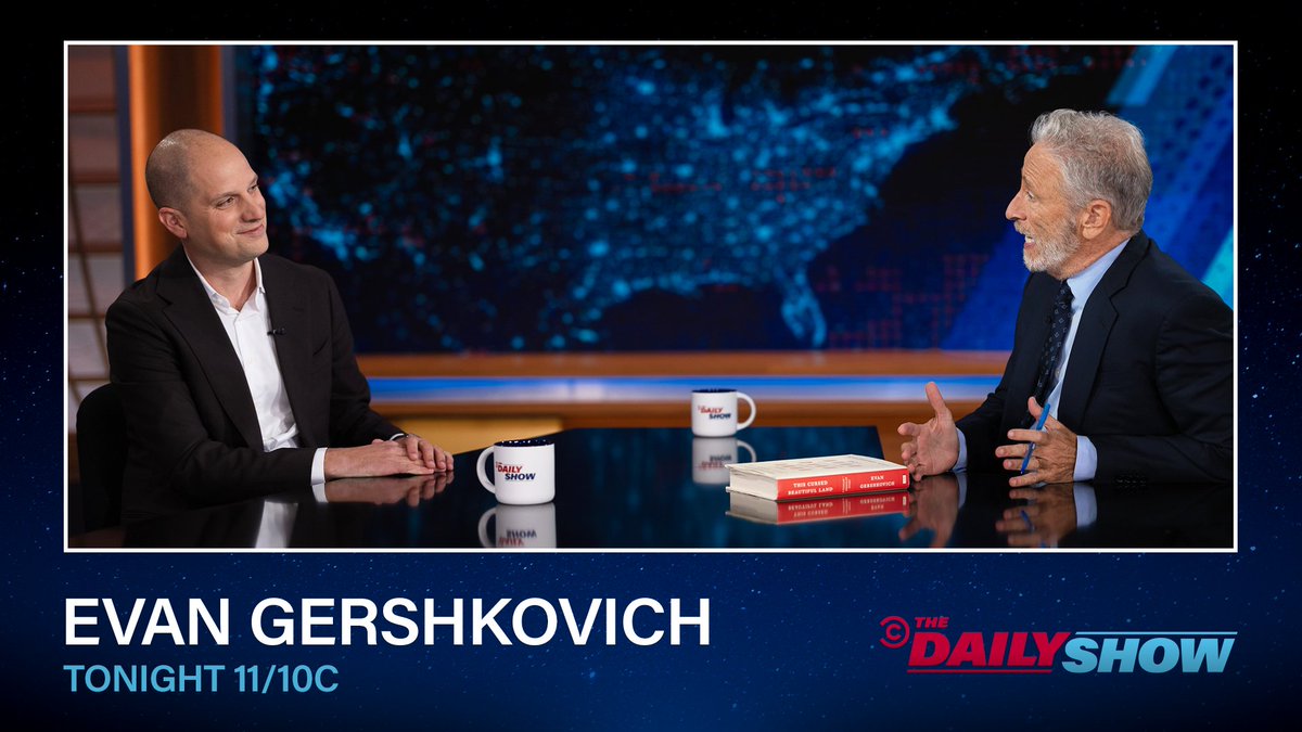 TheDailyShow's tweet photo. TONIGHT: Wall Street Journal foreign correspondent @evangershkovich sits down with Jon Stewart to discuss his new memoir, “This Cursed Beautiful Land: A Russian-American Story” https://t.co/D98rveb3Vo
