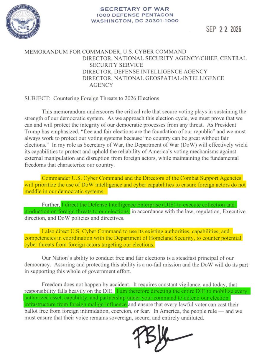 patel_patriot's tweet photo. We have an interesting new memo out from Secretary of War Pete Hegseth regarding election security.

I personally consider this to be the most interesting election security thing we've seen so far this second Trump term.

Traditionally, the DHS (CISA), FBI, CIA, and NSA have been the public facing entities gathering intelligence of foreign interference in our elections. That started under Obama during the Russia Hoax and was made permanent under Trump 1.0 with EO 13848.

Almost every intelligence community assessment (ICA) we've seen since 2016 has been heavily politicized because they've all from the previously listed weaponized intelligence agencies who for the past 10 years have been conducting illegal psychological warfare campaigns against the American people. 

Think of the declassified documents we've received this year proving that.

On the Pentagon's side, it was the NSA and U.S. Cyber Command leading the charge of election-security and intelligence gathering on foreign actors. They would typically share that intelligence with DHS/FBI/CIA who would then politicize it.

@EzraACohen and others have railed against former leadership of NSA and CYBERCOM partly for that reason. 

This new memo directs the entire "Defense Intelligence Enterprise (DIE) to execute collection and production on foreign threats to our elections..."

The DIE is much broader than just NSA and Cyber Command. The DIE includes the DIA, the NGA, the NRO as well as all the military intel elements (Army, Naval, Marine Corps, Air force, Space Force).

I'm not saying these agencies were completely uninvolved in previous elections.

I'm not saying this secures our elections.

I am simply saying that this appears to be the first directive explicitly ordering the entire DIE to mobilize its authorized capabilities in defense of a US election.

I find that interesting.