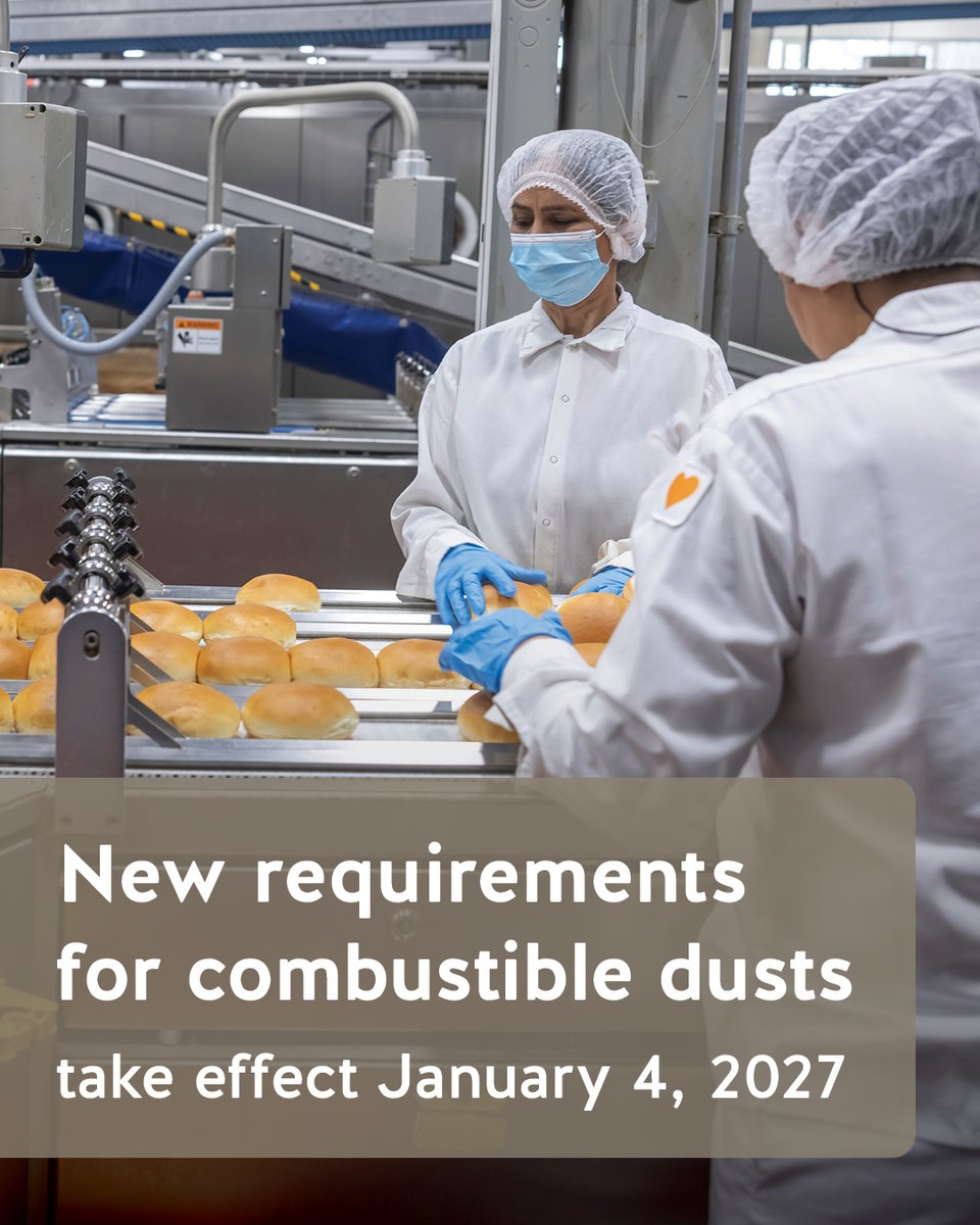 WorkSafeBC's tweet photo. What do bakeries, plastics manufacturers and metal shops have in common? 

They may not be the first workplaces you think of when you hear “combustible dusts.” 

Dusts from materials such as grain, metal, plastics, wood and chemicals can create a fire or explosion risk when it accumulates or becomes airborne. 

📢 Changes to the Occupational Health and Safety Regulation related to combustible dusts will take effect January 4, 2027, with updated requirements applying to an expanded range of workplaces.

👉 Learn what’s changing and how your industry may be affected: https://t.co/yjT5J64j6Y