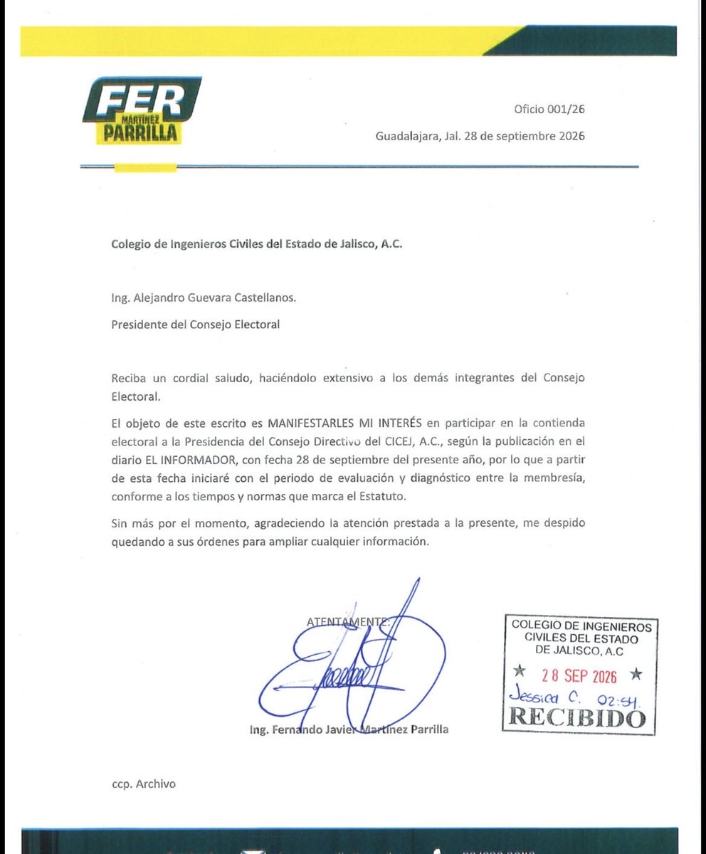 fermaparrilla's tweet photo. Hoy presentamos formalmente nuestro interés en participar por la Presidencia del Consejo Directivo del CICEJ. 🤝📄 En apego al Estatuto, iniciamos esta etapa con disposición para escuchar, dialogar y sumar las propuestas de quienes forman parte del Colegio. 👷‍♂️💬 https://t.co/3dMBxJhFJo
