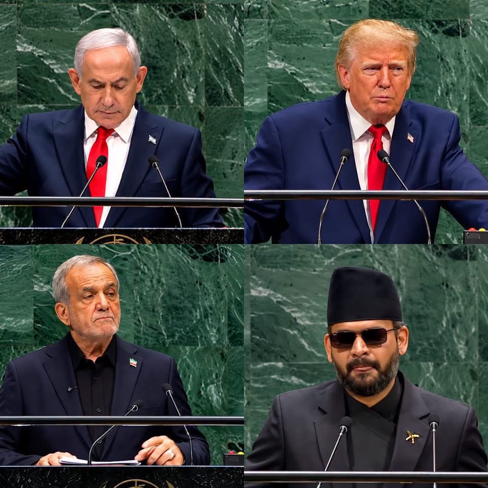 DwebediSamraat's tweet photo. UNGA 81: Four speeches cut through.

Netanyahu : walkouts, "moral cowards," hits.

Trump: combative defence; Iran warning.

Pezeshkian: rejects pressure, open to talks.

Balen Shah : climate warning vs war spending.

Four different voices. Four different visions of power.

#UNGA https://t.co/Rj09huj0Jk