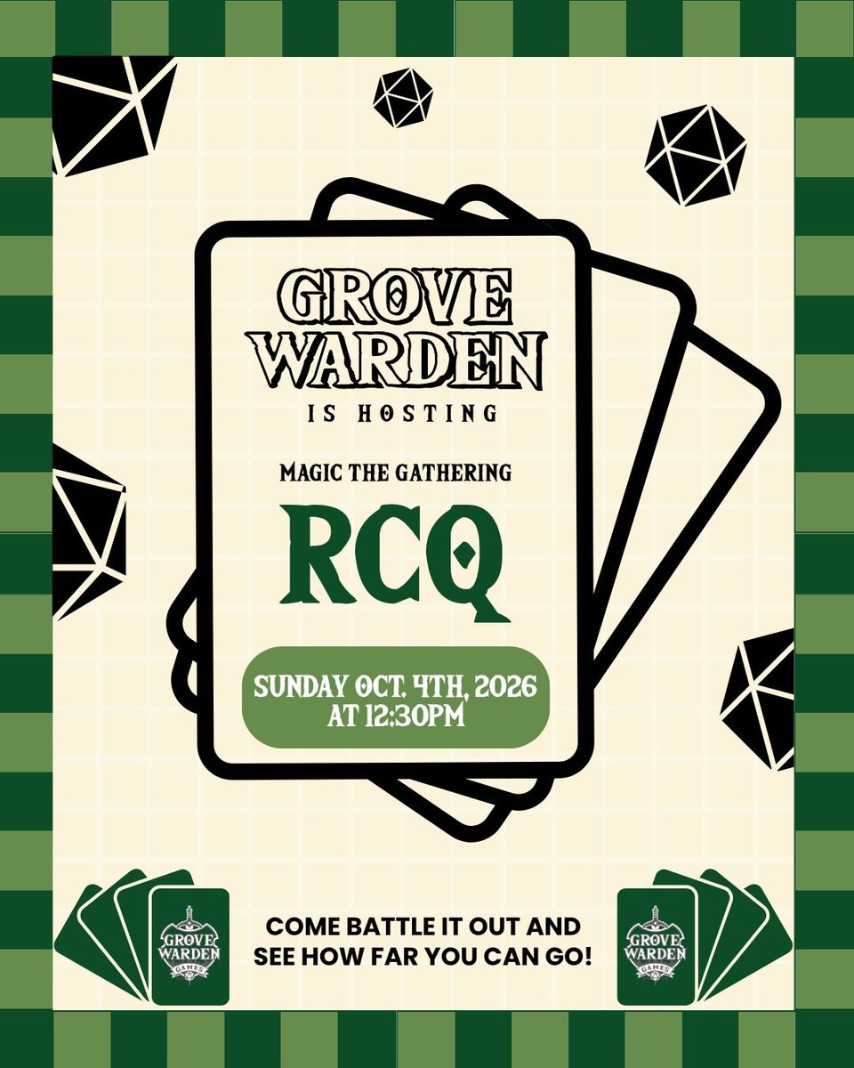GWardenGames's tweet photo. MTG Regional Championship Qualifier! 

Join us Sunday, October 4th at 12:30 PM for our next RCQ!
🖥️ Registration is available @ https://t.co/NkyUwgFU4X
💰 $35 entry
🏆 Prizing based on attendance
📍 Grove Warden Games

#MTG #MTGRCQ #GroveWardenGames https://t.co/c2cqUAOubS