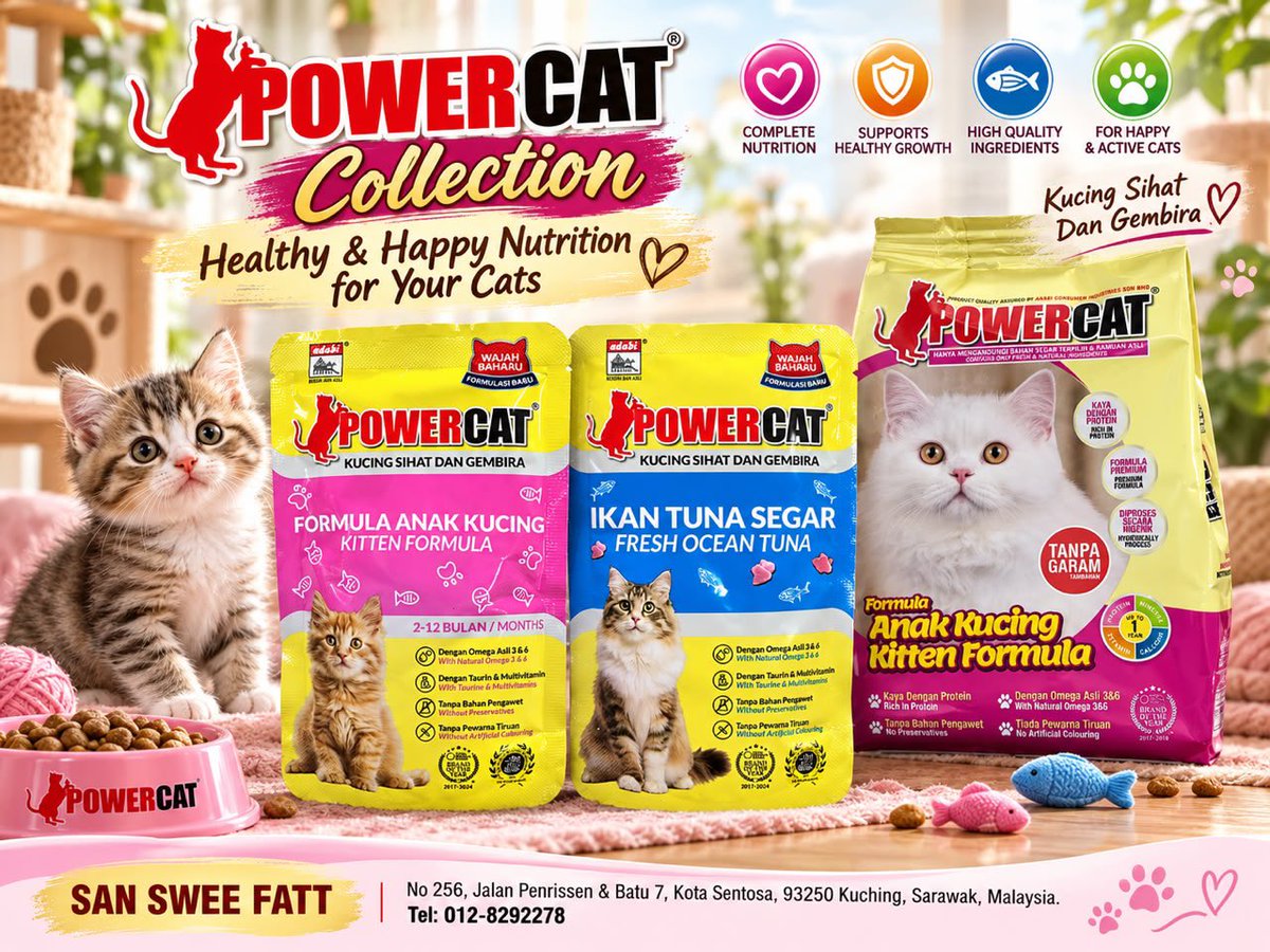 sansweefatt's tweet photo. POWERcat Collection 🐱❤️
Healthy & happy nutrition for your cats!
Nutrisi lengkap untuk si bulus kesayangan 🐾
给猫咪更好的营养,健康成长、开心每一天!
📍 Available at SAN SWEE FATT 新水發, Batu 7 Kuching
📱 012-8292278
#POWERcat #SanSweeFatt #Kuching https://t.co/GBrm1RYCLd