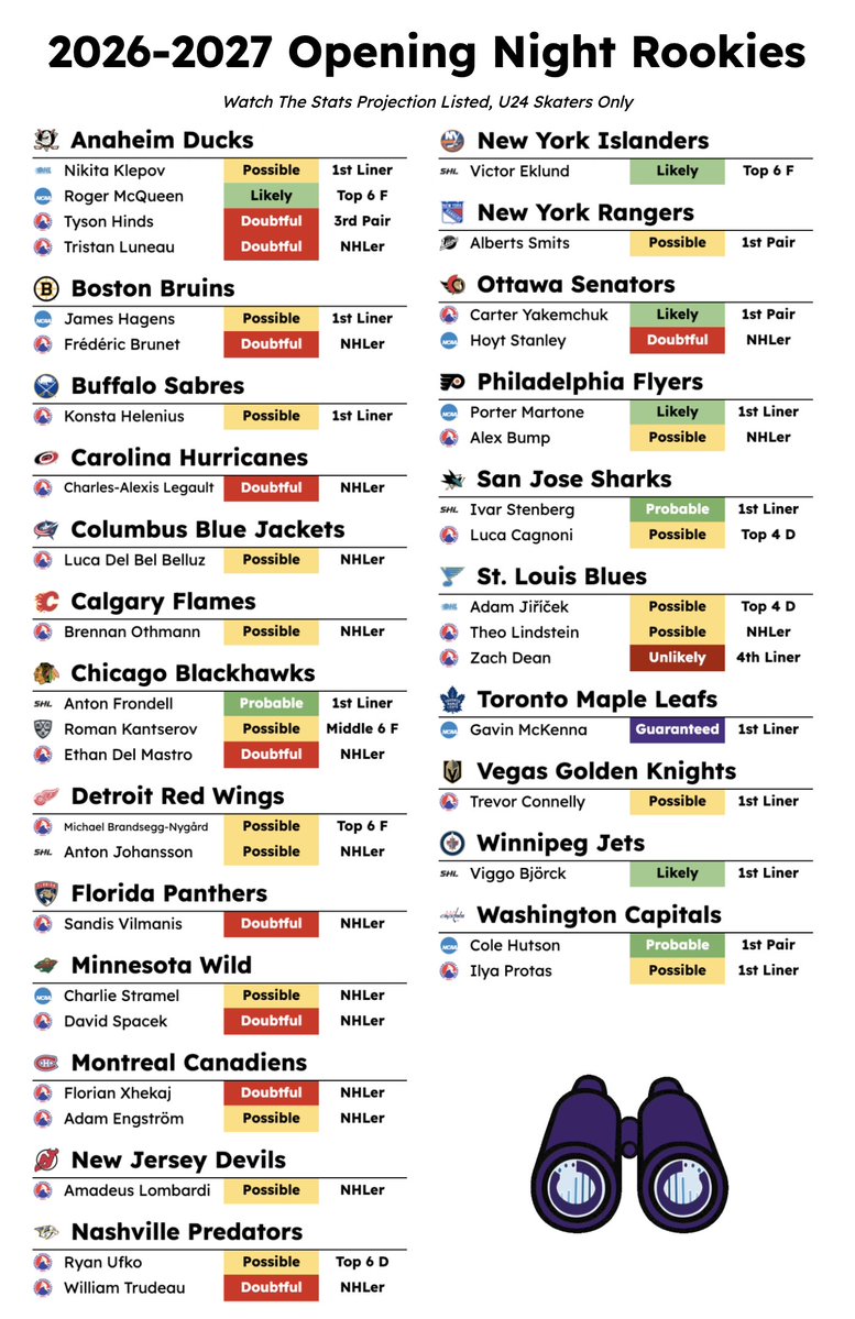 nickiacoban's tweet photo. NHL hockey is finally back! 

Opening Day lineups were released today, so here's a quick look at this year's rookie class and how I project them. https://t.co/RqCfJdYIQU