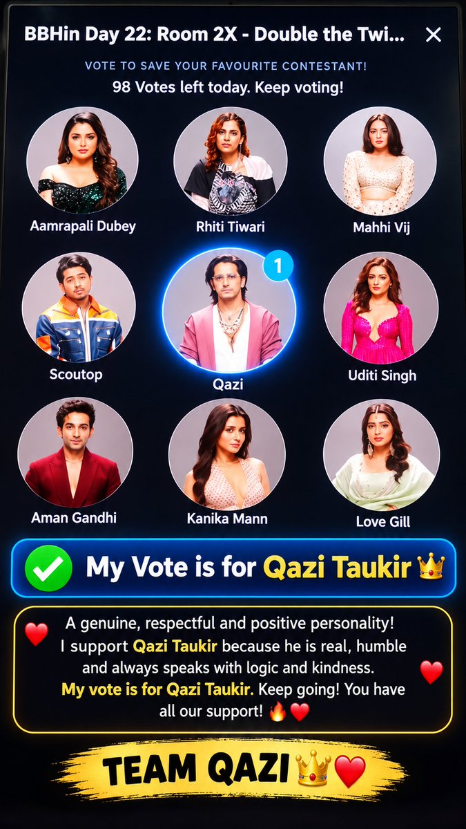 Umar86353200's tweet photo. ❤️ Qazi Taukir — My Vote, My Support ❤️
“I voted for Qazi Taukir because I genuinely admire the person he is. His respectful way of speaking, positive attitude and genuine nature have won my heart. Keep going, Qazi! You have my full support. ❤️🔥👑”
@QaziTaukir @BiggBoss
#QaziTaukir #TeamQazi #BiggBoss #MyVoteForQazi #QaziFans ❤️🔥
