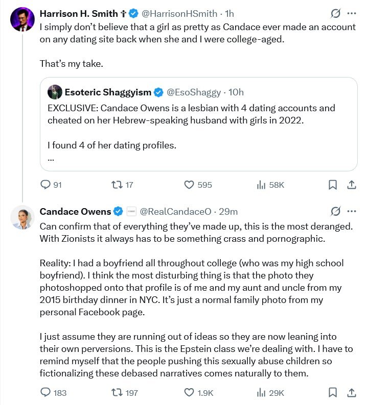 EsoShaggy's tweet photo. Candace Owens is defaming me as a "Zionist pedophile part of the Epstein class."

My issues with her are: 
-Candace took money from Bibi Netanyahu's friend Larry Ellison
-Her husband, who runs her business, is a Hebrew speaking Zionist who opposes criticism of Israel 
-In Russia she attended an event by Epstein's russian handler who got him a russian Visa. Her friend John Mappin is in Epstein's black book and in the Epstein files.

You will not find one, pro Israel, pro Epstein or pro pedophile post on my account ever.

@RealCandaceO is blaming me for her own beliefs and faults, ignoring her dating profiles to focus on the Explore talent profile I debunked.