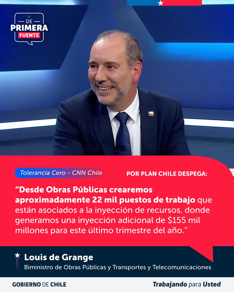mop_chile's tweet photo. El biministro Louis de Grange participó en #Tolerancia0, donde abordó el plan #ChileDespega anunciado por el Presidente @joseantoniokast.

Desde el MOP aportamos a la reactivación con inversión que permitirá generar cerca de 22 mil empleos en pavimentación vial, APR, entre otras. https://t.co/irp8PEy0dL