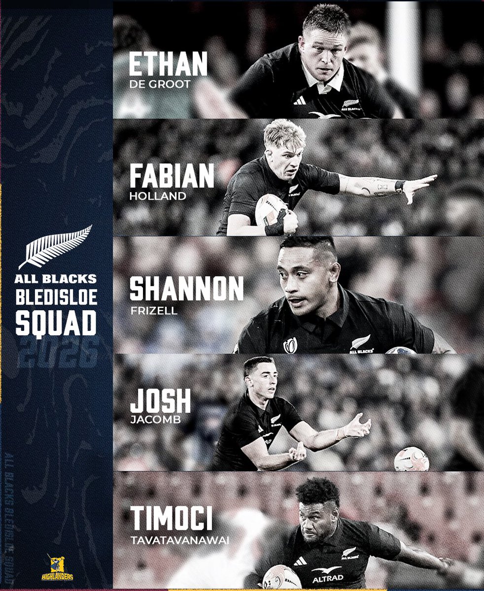 Highlanders's tweet photo. Yea the lads! 

Congrats to the 5️⃣ men above selected in the @All Blacks squad for the two upcoming Bledisloe Cup Test Matches! https://t.co/XpMq6wzcRP