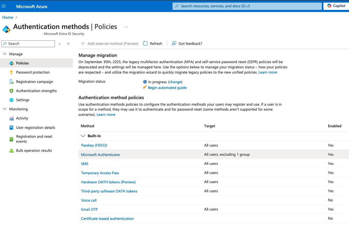 AzureSupport's tweet photo. 🔐 Ready to simplify identity security? 
🚀 Migrate MFA & SSPR settings to the unified Authentication Methods Policy in Microsoft Entra ID for easier management, greater flexibility, and support for modern methods like passkeys. 
Start here 👉 https://t.co/DKeAOIDXmk
#Azure #MicrosoftEntra #IdentitySecurity