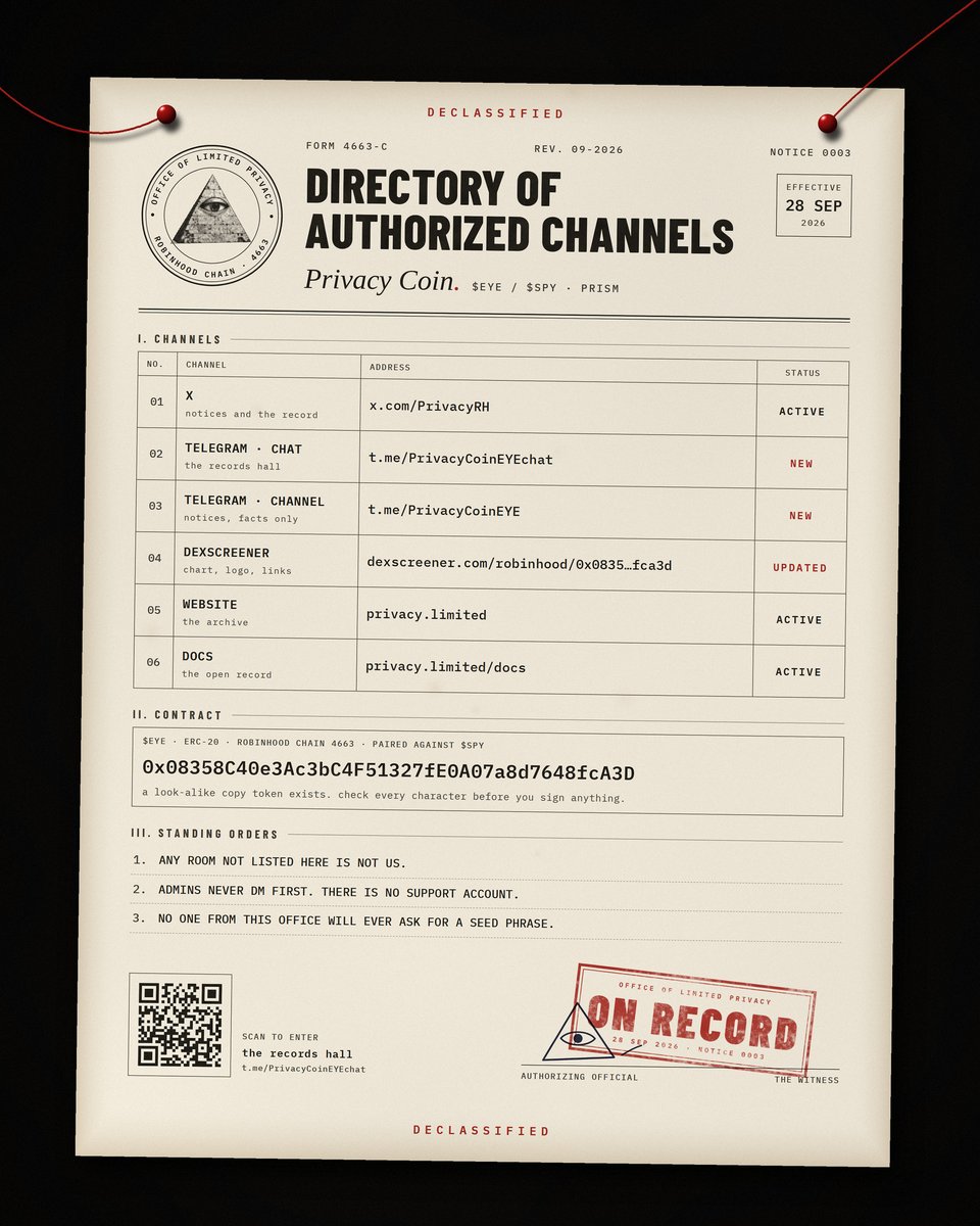 PrivacyRH's tweet photo. NOTICE 0003 ◬
TWO NEW ROOMS

the records hall (telegram chat): https://t.co/axxdSrYFEF
notices (telegram channel): https://t.co/jCfiJ4BqY9

the dexscreener file is complete: logo, links, docs.
https://t.co/EjG9uQVyXr

any room not listed here is not us. admins never DM first. https://t.co/5uj6WSN6FU
