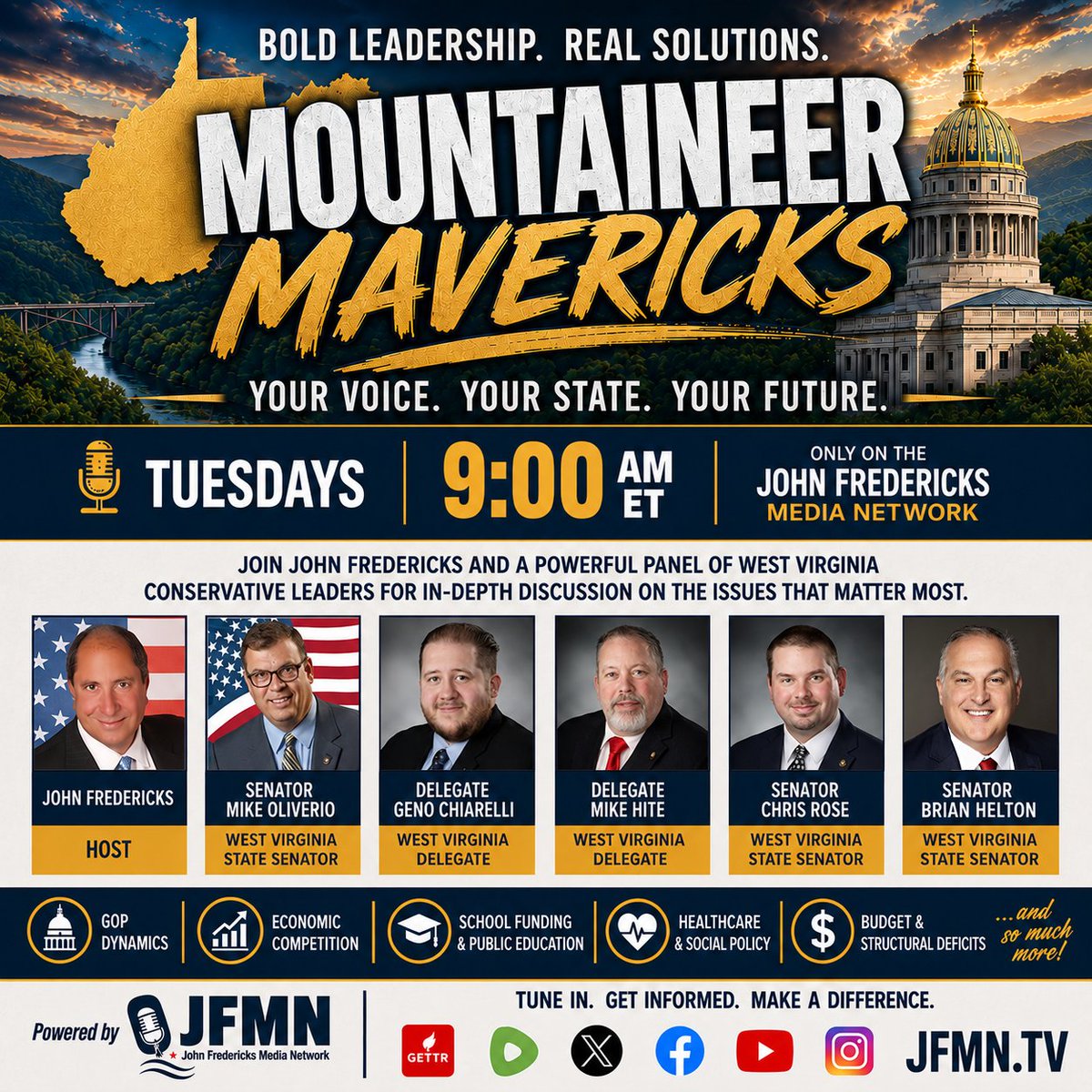 jfradioshow's tweet photo. #JFRS #TUESDAY #GodzillaOfTruth
6:00 AM -10:00 AM ET | @jfradioshow LINE-UP - Watch Live at https://t.co/PKkmw24m7E
7:05 AM ET #ToddSheets
7:35 AM ET @jathorpmfm @twc_health
8:05 AM ET @jmclghln
8:35 AM ET @sternamerican
9:00 AM ET @MikeOliverio4WV @GenoForHouse @MikeHiteforCouncil @ChrisRoseWV @BrianHeltonWV @ChrisMillerofWV #JohnFindlay #MountaineerMavericks
TAKING YOUR CALLS!!! 888-480-JOHN (5646)
Watch live + download our new mobile APP at https://t.co/PKkmw24m7E