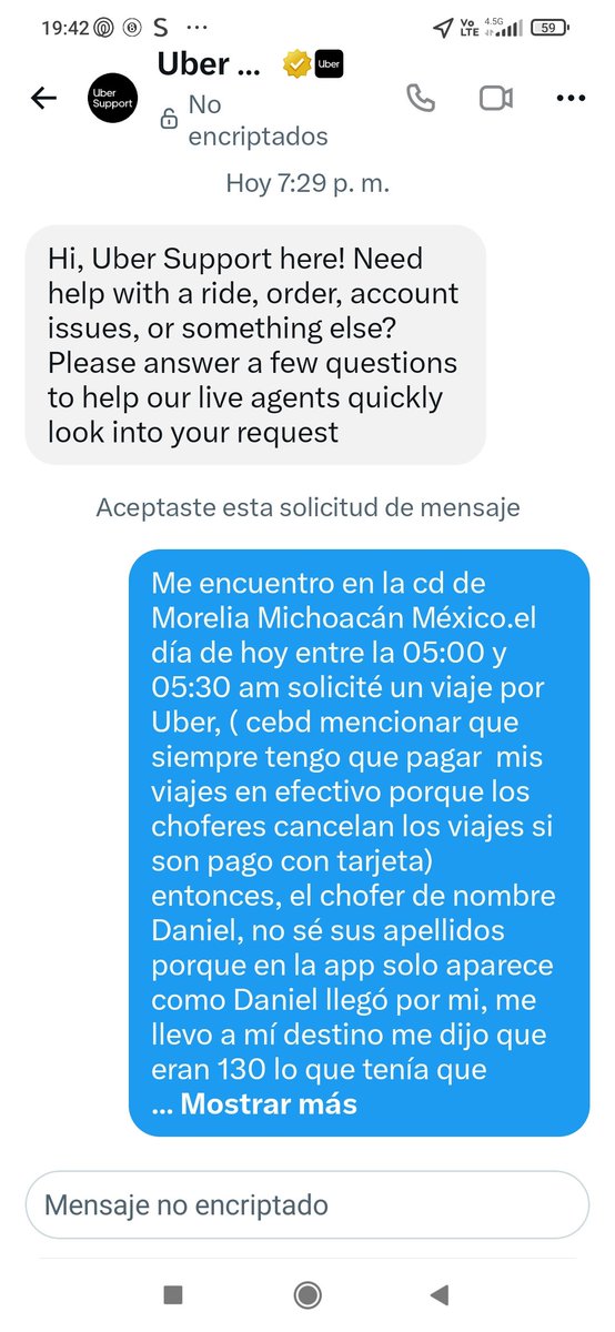 Karlishya's tweet photo. @Uber_MEX @Uber_Support Ahí está el mensaje directo me piden, ahí le a estoy explicando lo que me hizo el ratero del chófer, ahora que? Lo cam a ignorar como me ignoraron hace rato que envié mensaje en la plataforma? https://t.co/3zpUf7u2Tm