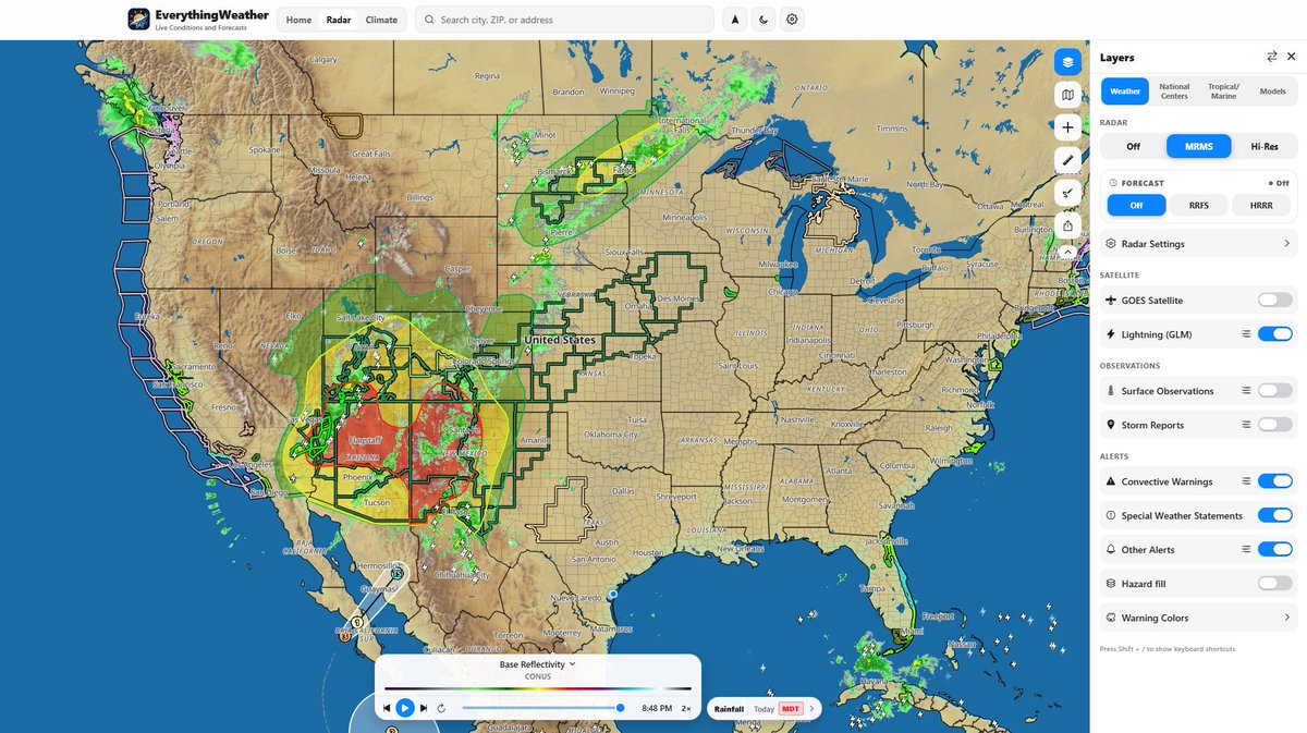 EverythingWX's tweet photo. Introducing EverythingWeather for the web, now live at https://t.co/uhR0lw4JwJ! 

For 48 hours the pro version is free for anyone, no log in required. Once the new mobile app updates come out (any day now), you can create an account and log in with the same username/password on all devices to enable pro on all your devices.

The web includes a ton of data with more coming in the near future. It includes the NWS forecast, alerts, outlooks, products, and weather stories. Also solar and astronomy data, hi-res radar (all products and numerous tilts) with dual and 4-panel displays and historical radar back to 2020 (for now), hi-res satellite data, the NBM model (more models coming soon!), MADIS observations, drawing, measurement, and sampling tools, storm reports, future radar from the RRFS and HRRR, Tropical tracks and forecasts/outlooks, the GDM-WNV3 model, an in-depth climate page, and much more!

Check it out and let me know what you think!