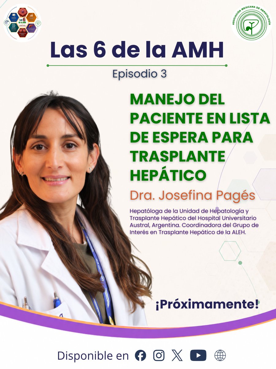 amhmx's tweet photo. La AMH presenta un nuevo episodio de “Las 6 de la AMH”.
En este Episodio 3, contaremos con la participación de la Dra. Josefina Pagés con el tema:
“Manejo del paciente en lista de espera para trasplante hepático”
¡Muy pronto! Mantente pendiente de nuestras redes sociales 
#AMH https://t.co/vl0D5QcJoy