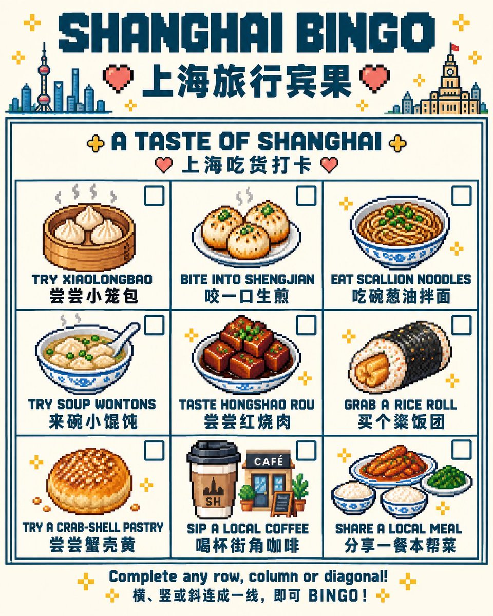 peng_jacob's tweet photo. Shanghai's best meals cost less than your morning coffee.

Xiaolongbao, shengjian, scallion noodles for ¥14 — 9 dishes that define the city, most from street stalls and old canteens. Complete any row.

Which one are you trying first?

#ChinaTravel #Shanghai #Bingo #ChinaMaxxing https://t.co/axQuNX08SD