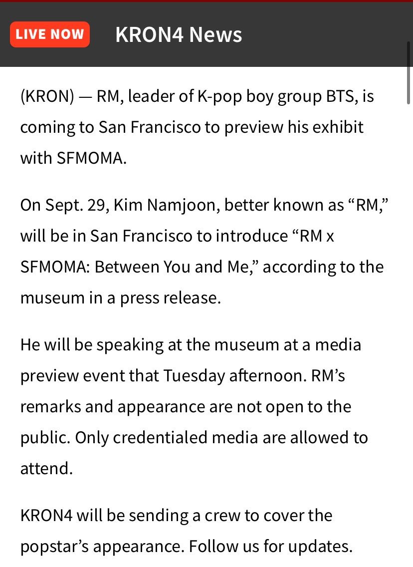 KNJsSource's tweet photo. RM is in San Francisco to introduce his exhibition “RM x SFMOMA: Between You and Me.” on Sept. 29.

He’ll speak at a media preview event at SFMOMA tomorrow’s afternoon. The event is not open to the public and will be attended only by credentialed media.

#RMxSFMOMA https://t.co/8jNQGYM4Vt