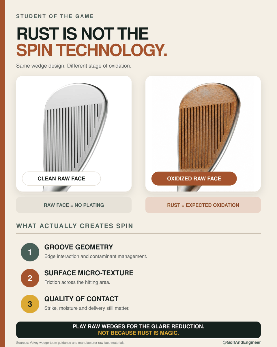 GolfAndEngineer's tweet photo. Rusty wedges look cool. But rust itself is not what creates spin.

MyGolfSpy tested clean raw, naturally rusted and heavily rusted wedges. Only 100 to 200 rpm separated them, and the clean face spun slightly more.

Grooves and face texture are the technology. Rust is not. https://t.co/iS7X2iTzXS