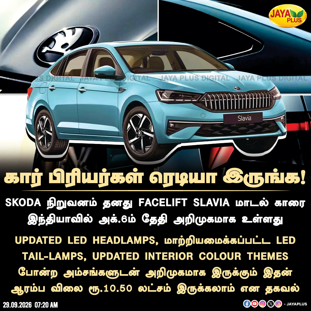 jayapluschannel's tweet photo. Skoda நிறுவனம் தனது facelift Slavia மாடல் காரை இந்தியாவில் அக்.6ம் தேதி அறிமுகமாக உள்ளது 

#SkodaSlavia #SkodaIndia #NewSlavia #SlaviaFacelift #Skoda #CarLaunch #NewCar #JayaPlus https://t.co/bolzTtaXBm