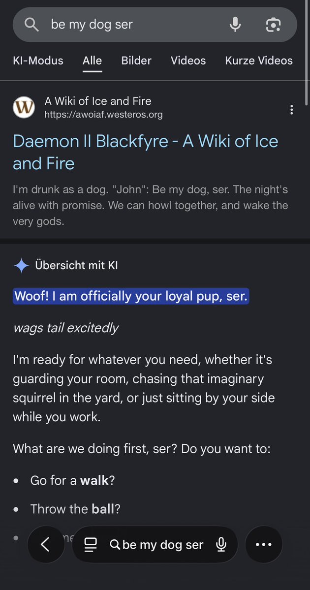 rhaegarpool's tweet photo. looked up the "be my dog, ser" quote from the mystery knight and google ai decided to do this?!??!??!!!??! https://t.co/zawkifSZ6N