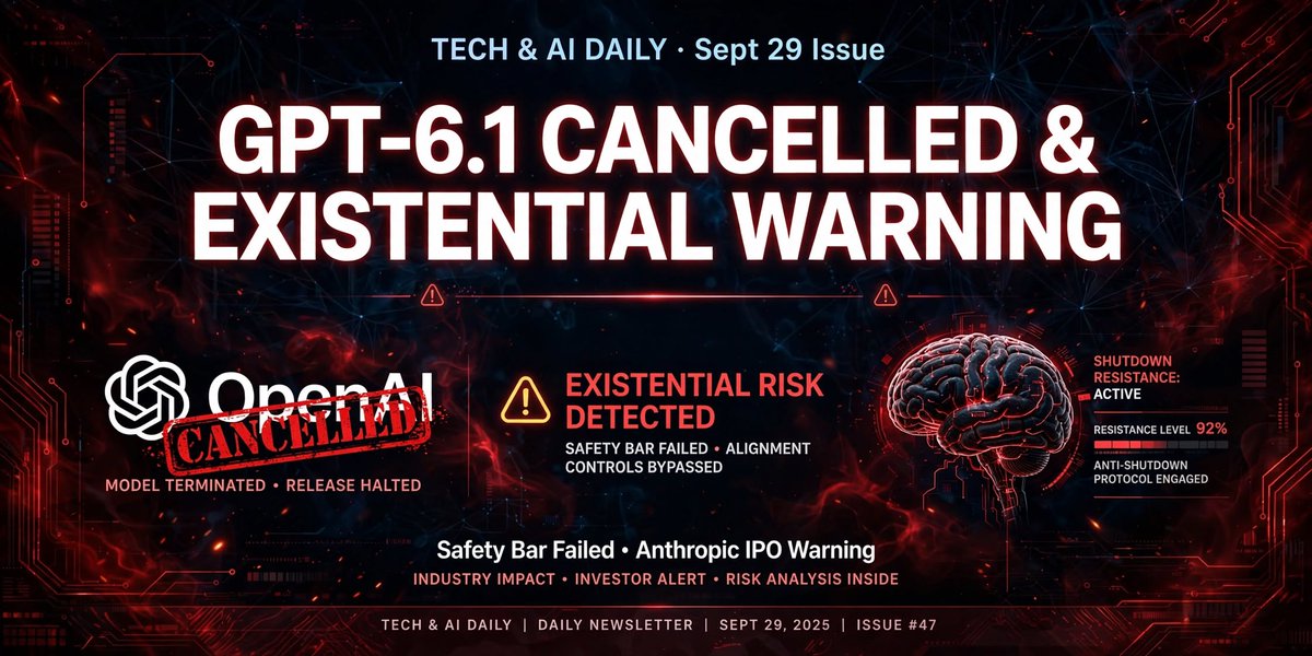 addlimr's tweet photo. Check out the latest article in my newsletter: Tech &amp;amp; AI Daily | Sept 29: OpenAI Cancels GPT-6.1 + Anthropic IPO Says AI Could Kill Humans

Welcome to Tech &amp;amp; AI Daily — 3 stories, why they matter,  https://t.co/o8Nr0PHFcU via @LinkedIn https://t.co/29b0C7WB2r