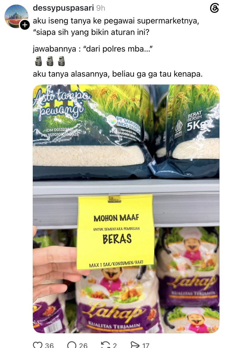 LambeSahamjja's tweet photo. bukannya udah swasembada pangan kata wowok? kok beli beras di batasin cuy https://t.co/RXaFD2FQqq