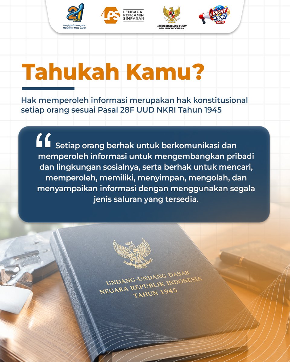 lps_idic's tweet photo. Keterbukaan informasi publik merupakan bagian penting dalam mewujudkan tata kelola yang transparan, partisipatif, dan akuntabel.

Melalui akses informasi yang mudah dan inklusif, masyarakat dapat memperoleh informasi yang dibutuhkan, meningkatkan pemahaman, serta berpartisipasi dalam mengawal transparansi publik.

Dalam rangka memperingati Hari Hak untuk Tahu Sedunia 2026, Lembaga Penjamin Simpanan (LPS) terus mendukung pengelolaan dan keterbukaan informasi publik sesuai dengan ketentuan yang berlaku.

#LPSIndonesia #AyoNabungdiBank #KuAmanAdaLPS #SahabatNasabahIndonesia #RightToKnowDay2026 #RTKD2026 #HakUntukTahu #KeterbukaanInformasi
#InformasiTerbukaPublikBerdaya
