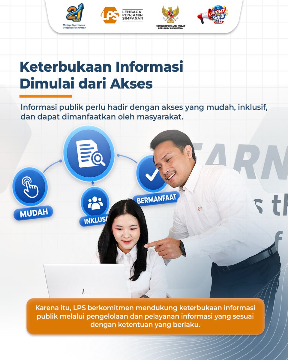 lps_idic's tweet photo. Keterbukaan informasi publik merupakan bagian penting dalam mewujudkan tata kelola yang transparan, partisipatif, dan akuntabel.

Melalui akses informasi yang mudah dan inklusif, masyarakat dapat memperoleh informasi yang dibutuhkan, meningkatkan pemahaman, serta berpartisipasi dalam mengawal transparansi publik.

Dalam rangka memperingati Hari Hak untuk Tahu Sedunia 2026, Lembaga Penjamin Simpanan (LPS) terus mendukung pengelolaan dan keterbukaan informasi publik sesuai dengan ketentuan yang berlaku.

#LPSIndonesia #AyoNabungdiBank #KuAmanAdaLPS #SahabatNasabahIndonesia #RightToKnowDay2026 #RTKD2026 #HakUntukTahu #KeterbukaanInformasi
#InformasiTerbukaPublikBerdaya