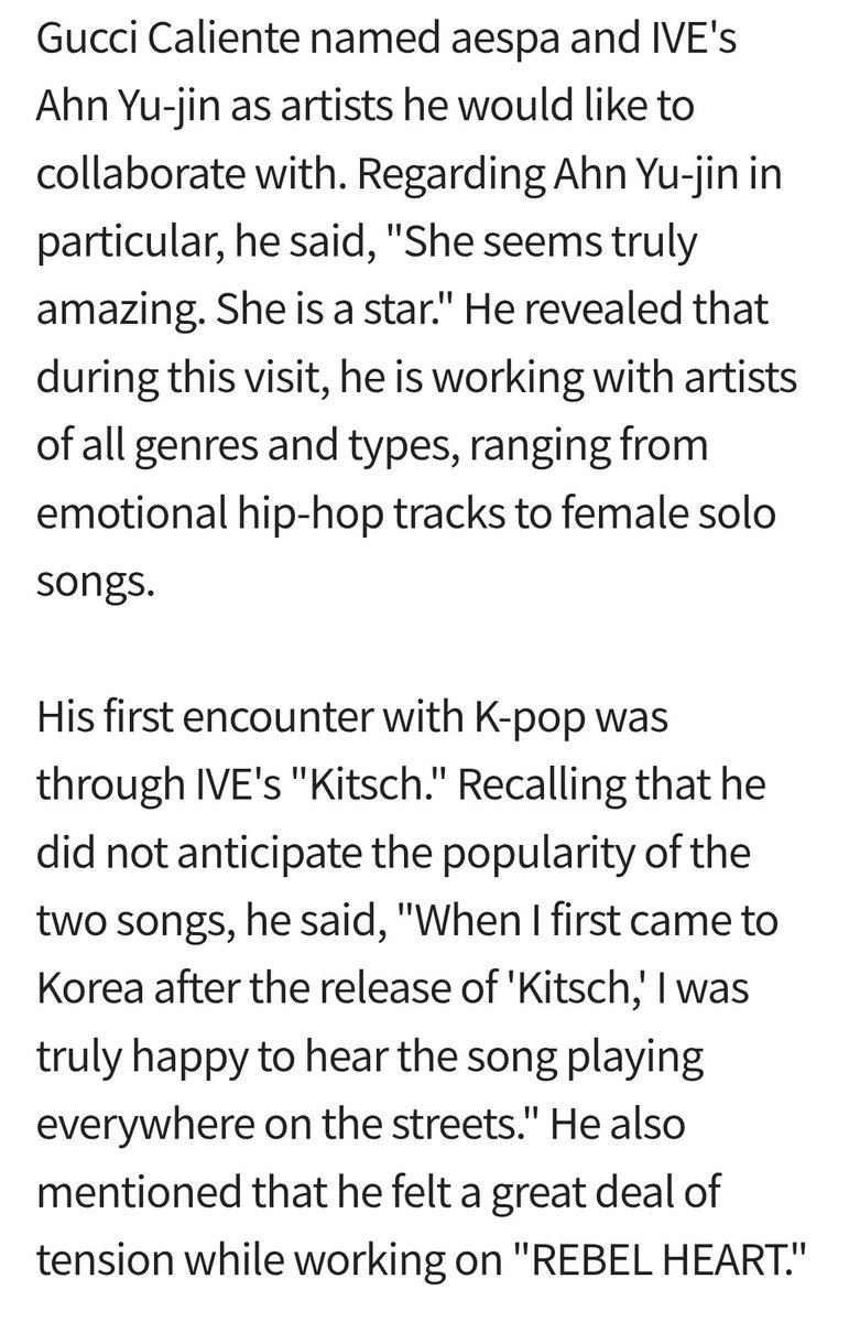 ANYUJIN_GLOBAL's tweet photo. [📰] Norwegian songwriter & producer Gucci Caliente named #ANYUJIN as an artist she hopes to work with in the future.

"I love YUJIN from IVE. I think her solo stuff is super incredible. She's a star."

Gucci Galiente has previously worked with IVE, co-writing "Kitsch," "Rebel Heart," "Fireworks," and "Hot Coffee," as well as several hits for KiiiKiii and artists beyond K-pop.

🔗 https://t.co/Rph9yBvz9t
🔗 https://t.co/wGbxy8ekNG

#안유진 #アンユジン #IVE #아이브