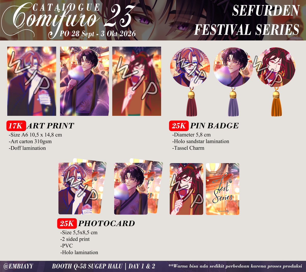embiayy's tweet photo. (1/6)
♡︎+⟳ really appreciated! Tysm💜

Halo! Akhirnya open PO #CF23 🥹✨

🪧Q-58 SUGEP HALU
🗓️PO: 29 Sept - 3 Okt 2026
🛒Pick Up &amp; Mail Order via 🍊
⭐️SeFurDen, By The Beat (Niji EN),  Wind Breaker, Apothecary Diaries, Link Click, Original
🔗Link PO di reply⬇️

#CF23catalogue https://t.co/xUnBUwCDGM