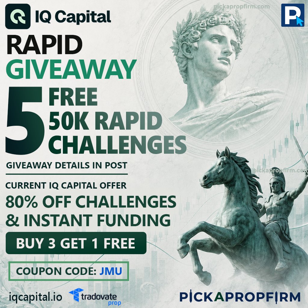 jmutrades's tweet photo. ⚡IQ Capital Rapid Giveaway
5 winners get an IQ Capital 50K Rapid Challenge 
TO ENTER: 
1️⃣ Follow @IQCapital_IO, @jmutrades, @pickapropfirm
2️⃣ Like & RT
3️⃣ Tag 3 friends and tell me what you like most about Rapid Challenge
4️⃣ Need a hint? Visit IQ's site👉https://t.co/P6ikyACbSo
Winners picked October 1st @ 9PM EST

Current IQ Capital Offer:
💸80% OFF all accounts. Buy 3, get 1 free
Claim deal👉https://t.co/P6ikyACbSo | coupon code JMU
Core DLL starts at $49.
Rapid Challenge comes in Classic (Flex) or Daily
Welcome Gift $50K Challenge only $9 (1 use)