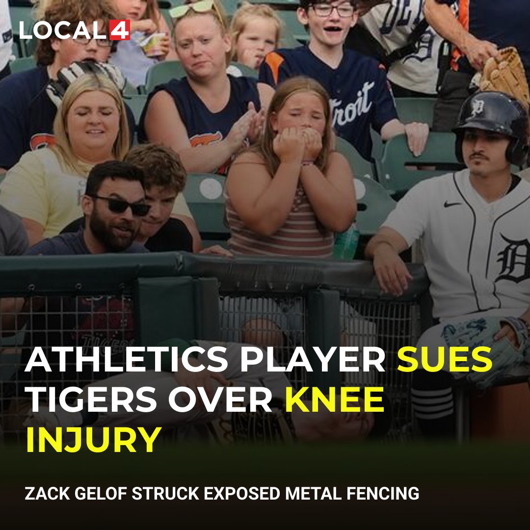 Local4News's tweet photo. Athletics third baseman Zack Gelof has sued the Detroit Tigers, Ilitch Holdings Inc., and the Detroit-Wayne County Stadium Authority, alleging he suffered a serious knee injury after striking exposed metal fencing at Comerica Park during a July game. https://t.co/NNZ278J5DH