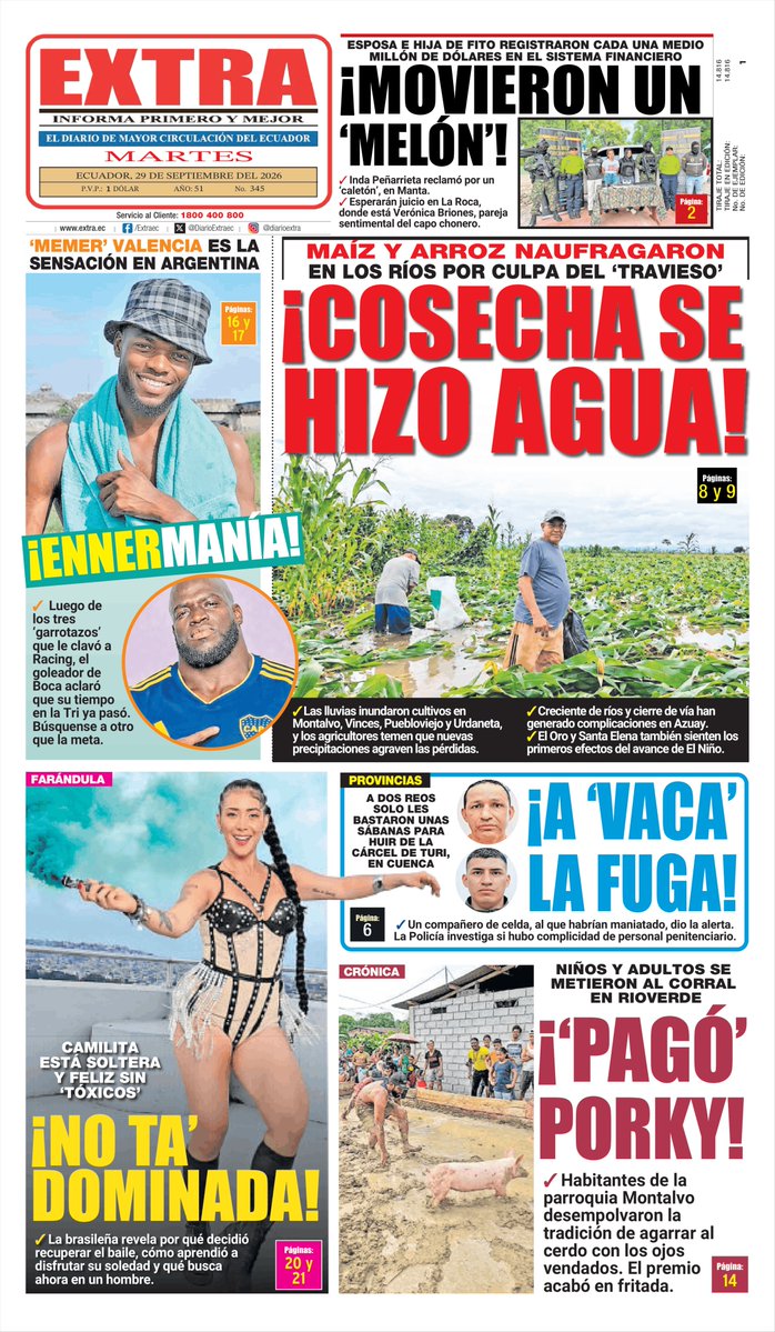 DiarioExtraEc's tweet photo. 🌛 ¡Buenas noches! Ya está lista la #PortadaEXTRA de mañana, martes 29 de septiembre de 2026. No olvides ir por tu ejemplar y mira en https://t.co/B6atVw0QGI las noticias 'más pepas' del día. https://t.co/AnqDjlqsrf