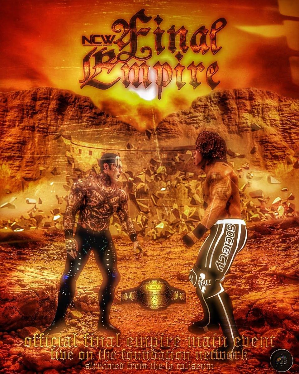 2K_NCW's tweet photo. The Official NCW Final Empire Main Event is set! The LA Colliseum will fill to the top to watch new NCW Sovereign World Champion @noirenigmatics defend his title against @RealDeal_2K 

#NCWFinalEmpire #WWE2K26 https://t.co/sR1KPo45Wv