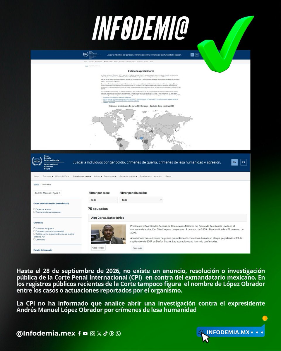 infodemiaMex's tweet photo. ❌ Falso que la Corte Penal Internacional analice investigar a López Obrador por "crímenes de lesa humanidad"

✅ Hasta el 28 de septiembre de 2026, no existe un anuncio, resolución o investigación pública de la Corte Penal Internacional (CPI)  en contra del exmandatario mexicano. En los registros públicos recientes de la Corte tampoco figura  el nombre de López Obrador entre los casos o actuaciones reportados por el organismo.

✅ La CPI no ha informado que analice abrir una investigación contra el expresidente Andrés Manuel López Obrador por crímenes de lesa humanidad

▶️ Desmentido: https://t.co/HoiplYDSNx