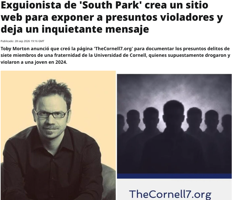 ActualidadRT's tweet photo. ‼️Un antiguo guionista de 'South Park' ha creado un sitio web para exponer a los presuntos autores de una violación en grupo en la Universidad de Cornell y a aquellos miembros de la institución de la Ivy League que les dieron "un respiro"

➡️ https://t.co/g1ezaBkcnp https://t.co/d6fkt7wJkc