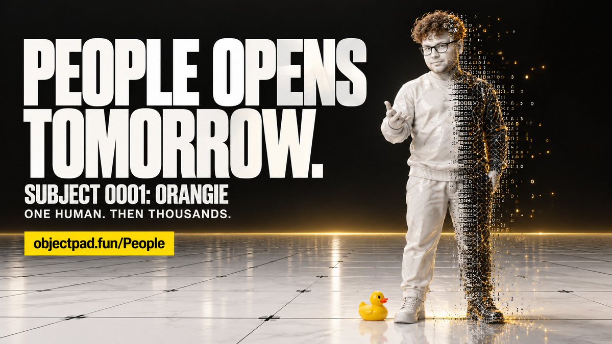 ObjectPadFun's tweet photo. Tomorrow, @orangie becomes Subject 0001.

One human.
One 3D double.
One on-chain identity.

Then the floodgates open.

Thousands follow. Human tokenization begins on https://t.co/oAT3kHBTy9 soon.

The physical world was only phase one.
https://t.co/IoYoJjAjLL https://t.co/nHnSubYPtx