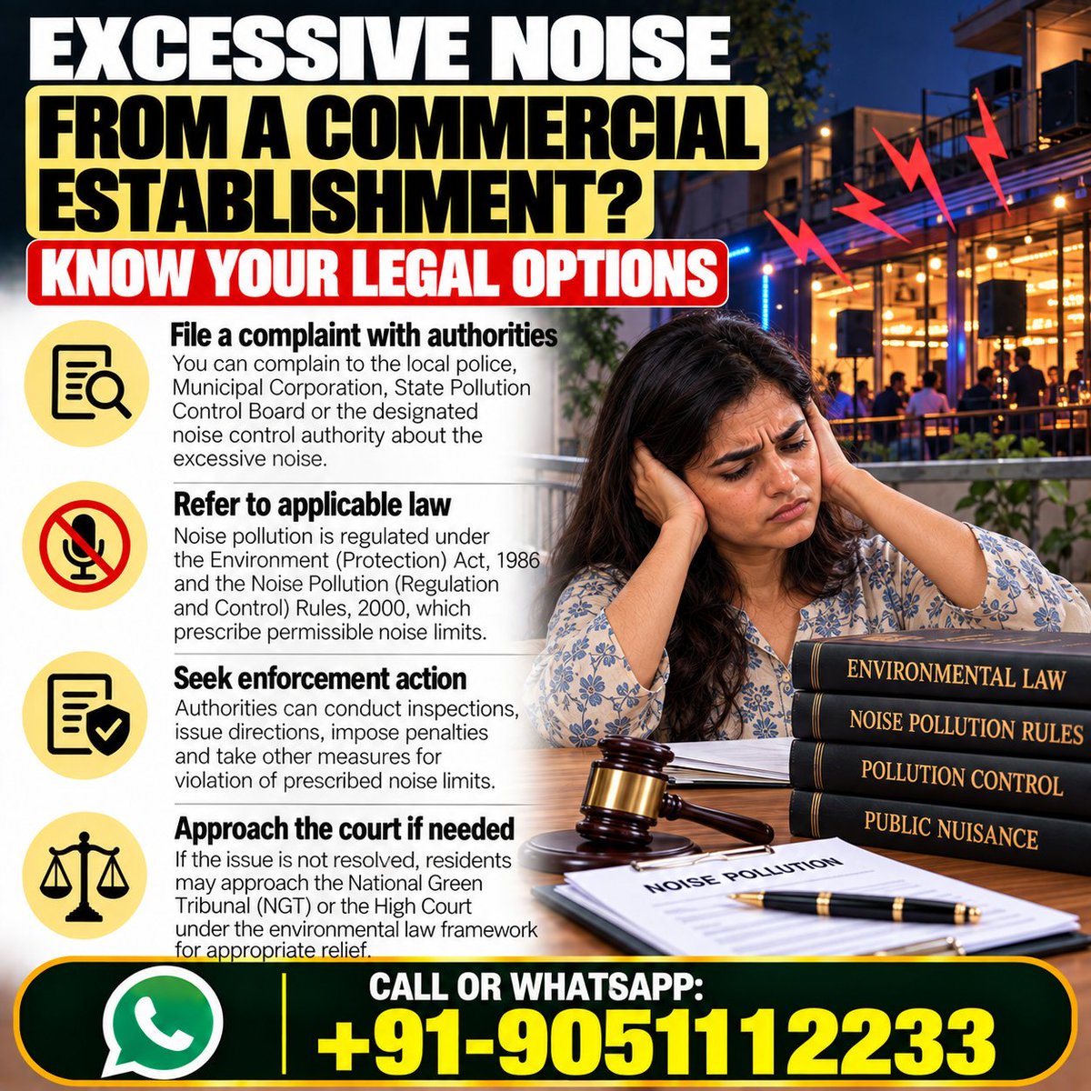 drakmphd's tweet photo. Can residents take legal action against excessive noise from a commercial establishment? 
Call or WhatsApp: +91-9051112233 
#EnvironmentalLaw #NoisePollution #LegalRemedy https://t.co/O6hKPVCQjl