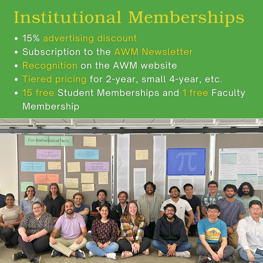 AWMmath's tweet photo. Discover the benefits of membership in AWM! Your membership helps us promote equitable opportunities &amp; treatment for all mathematicians, and creates a community in which women and girls thrive.

Become part of our community today!
🔗 https://t.co/t8THrhojJz

#AWMMath #MathForAll https://t.co/uegFIwluMd