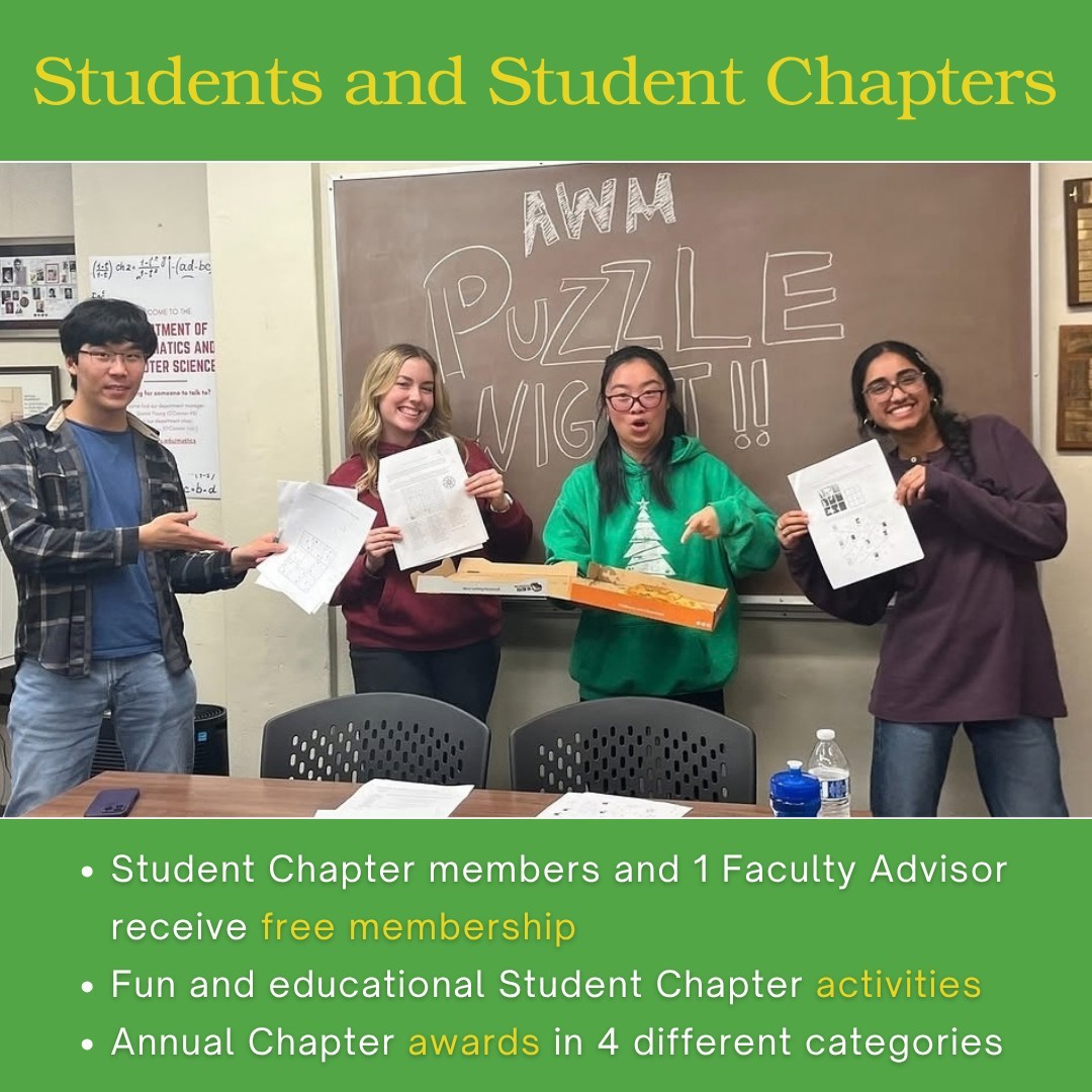 AWMmath's tweet photo. Discover the benefits of membership in AWM! Your membership helps us promote equitable opportunities &amp; treatment for all mathematicians, and creates a community in which women and girls thrive.

Become part of our community today!
🔗 https://t.co/t8THrhojJz

#AWMMath #MathForAll https://t.co/uegFIwluMd