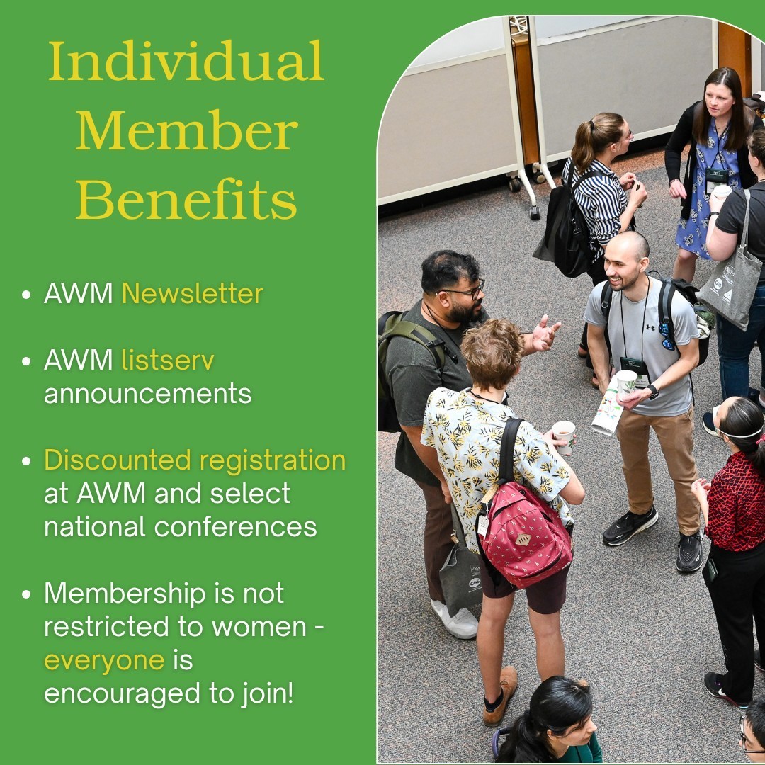 AWMmath's tweet photo. Discover the benefits of membership in AWM! Your membership helps us promote equitable opportunities &amp; treatment for all mathematicians, and creates a community in which women and girls thrive.

Become part of our community today!
🔗 https://t.co/t8THrhojJz

#AWMMath #MathForAll https://t.co/uegFIwluMd