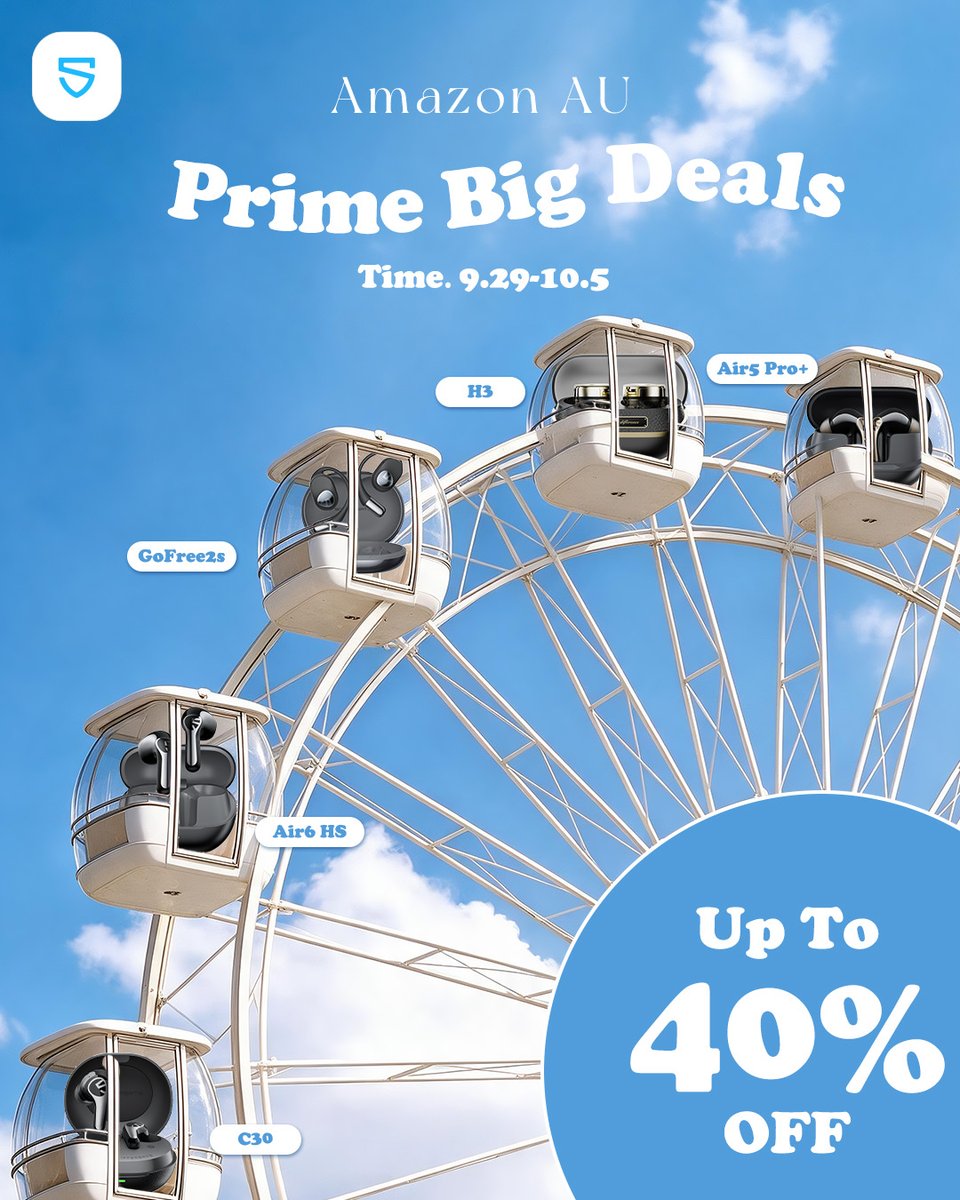 SOUNDPEATS's tweet photo. 🇦🇺 PRIME DAY DEALS ARE HERE! 🎧🔥

Amazon AU Prime Day is officially on!
Enjoy up to 40% OFF on your favorite SOUNDPEATS earbuds. 👀✨

📅 Sep. 29 – Oct. 5
Your next pair of earbuds might be just a deal away. 😉

Ready to find your favorite? 🛍️🎶
https://t.co/UMBFMoelJc
#SOUNDPEATS #PrimeDay #AmazonDeals #wirelessearbuds #deals