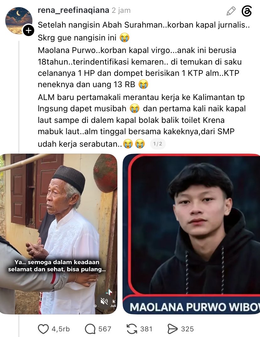 heyfannnnn's tweet photo. ya Allah nangis banget, cuma bawa uang 13.500 dia berani merantau menyebrangi lautan demi memperbaiki kehidupannya dg kakek neneknya?😔

banyangin coba dengan uang 13.500 sampai sana dia mau gimana itu? akhirnya malah masuk ke surga.

dek Maolana Purwo, kamu anak baik dek, makasih udah berjuang untuk keluarga. ternyata Allah lebih sayang kamu, semoga husnul khotimah.
Alfatihah🥀