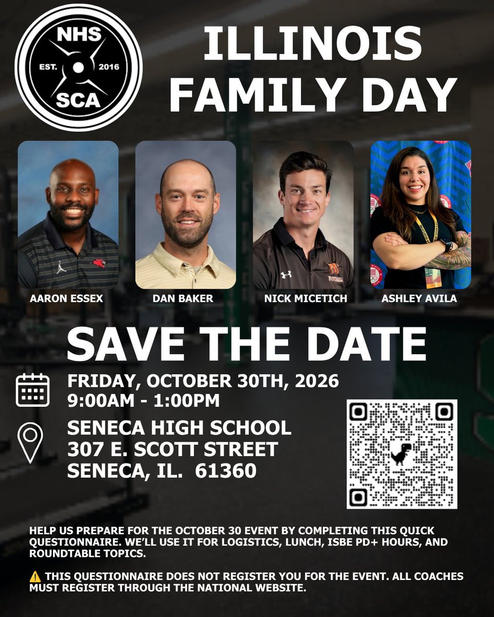 NHSSCA_IL's tweet photo. 🏋️‍♂️ Illinois PE Teachers &amp; HS S&amp;C Coaches! Looking for real weight room strategies AND state hours for your license renewal?
Join us at the FREE NHSSCA Illinois Family Day!
📍 Seneca HS 📅 Friday, Oct 30 | 9 AM - 1 PM
🧵 (1/2) https://t.co/IFzqLX21T4