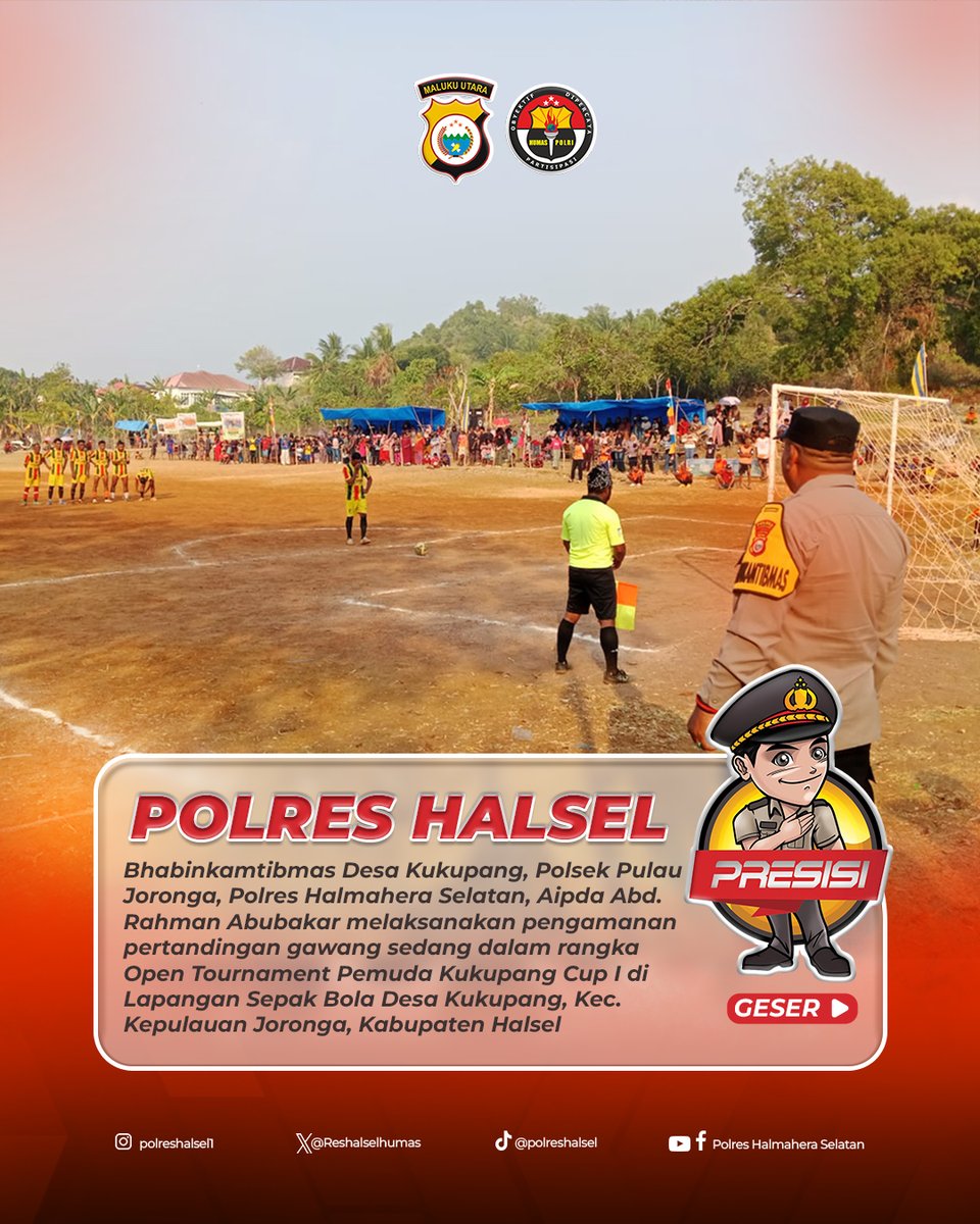 Reshalselhumas's tweet photo. Bhabinkamtibmas Desa Kukupang, Polsek Pulau Joronga, Polres Halmahera Selatan, Aipda Abd. Rahman Abubakar melaksanakan pengamanan pertandingan gawang sedang dalam rangka Open Tournament Pemuda Kukupang Cup I di Lapangan Sepak Bola Desa Kukupang, Kecamatan Kepulauan Joronga, https://t.co/03AfQNGJYh